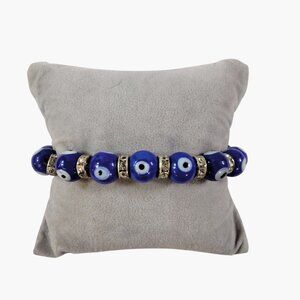 Evil Eye Beaded Stretch Bracelet Blue Ceramic Beads Rhinestone Accents